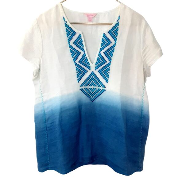 Lilly Pulitzer Breakers Row Ombré Linen Tunic Top Embroidered Womens M Resort - Picture 2 of 11